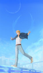 Rule 34 | 10s, 1boy, bad id, bad pixiv id, blonde hair, blue eyes, blue jacket, bomber jacket, converse, crescent moon, day, denim, highres, jacket, jeans, keith goodman, male focus, moon, pants, ramta, running, shoes, short hair, sky, sneakers, solo, tiger &amp; bunny, wings