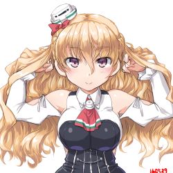 Rule 34 | 10s, 1girl, bare shoulders, blonde hair, blush, braid, breasts, brown eyes, corset, dd (ijigendd), french braid, hair spread out, hat, kantai collection, large breasts, long hair, long sleeves, looking at viewer, mini hat, numbered, shirt, smile, solo, wavy hair, white shirt, zara (kancolle)