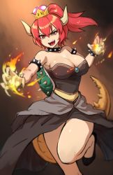 Rule 34 | 1girl, :d, armlet, bare shoulders, borrowed character, bowsette, bracelet, breasts, brooch, claws, collar, commentary, crown, english commentary, eyes visible through hair, fangs, fire, flaming hand, hair between eyes, horns, jewelry, large breasts, long hair, mario (series), maritan (pixelmaritan), monster girl, nintendo, open mouth, ponytail, pyrokinesis, red eyes, red hair, smile, solo, spiked armlet, spiked bracelet, spiked collar, spiked tail, spikes, super crown, tail, teeth, turtle shell, v-shaped eyebrows