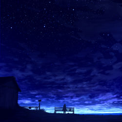 Rule 34 | 1girl, bench, blue theme, mks, outdoors, scenery, sitting, sky, solo, star (sky), starry sky, tagme