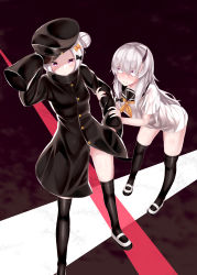 Rule 34 | 2girls, abigail williams (fate), absurdres, arm grab, arm up, black bow, black hat, black jacket, black legwear, black sailor collar, blush, bow, closed mouth, commentary request, dress, fate/grand order, fate (series), fingernails, forehead, hair between eyes, hair bow, hair bun, hand up, hat, highres, horns, jacket, lavinia whateley (fate), leaning forward, long hair, long sleeves, looking at another, looking at viewer, multiple girls, neckerchief, orange bow, orange neckerchief, parted bangs, peaked cap, pikunoma, polka dot, polka dot bow, purple eyes, sailor collar, sailor dress, shoes, side bun, silver hair, single hair bun, single horn, single side bun, sleeves past fingers, sleeves past wrists, standing, thighhighs, uwabaki, very long hair, white dress, white footwear, wide-eyed