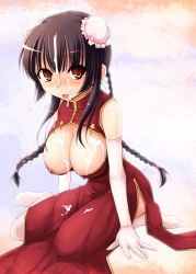 Rule 34 | 00s, 1girl, bare shoulders, black hair, blush, braid, breasts, brown eyes, bun cover, china dress, chinese clothes, cleavage, covered erect nipples, cum, cum on body, cum on breasts, cum on clothes, cum on hair, cum on upper body, dress, elbow gloves, embarrassed, gloves, gundam, gundam 00, kneeling, kurikara, large breasts, open mouth, smile, solo, twin braids, wang liu mei, wet