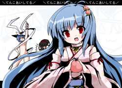 Rule 34 | 3girls, :3, black hair, blue hair, camera, censored, convenient censoring, detached sleeves, fa no hito, female focus, food, fruit, hand on own hip, hat, head tilt, hinanawi tenshi, holding, holding food, holding fruit, japanese clothes, kimono, looking at viewer, multiple girls, nagae iku, no headwear, nude, peach, red eyes, ribbon, saturday night fever, shameimaru aya, smile, touhou, translated, upper body