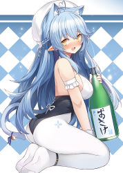 Rule 34 | 1girl, ahoge, alcohol, animal ears, bare shoulders, bell, blue hair, blush, bottle, braid, breasts, cat ears, cat girl, cat tail, hair ornament, half updo, hat, hololive, jingle bell, kittysuit, large breasts, leotard, long hair, looking at viewer, looking back, mou tama maru, nontraditional playboy bunny, open mouth, pantyhose, playboy bunny, pointy ears, sake, sake bottle, seiza, simple background, sitting, smile, solo, tail, very long hair, virtual youtuber, yellow eyes, yukihana lamy