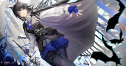 Rule 34 | 1girl, animal ears, arknights, bat (animal), black cape, black hair, black pantyhose, black vest, blue gloves, blue necktie, cape, chouchouhei, collared shirt, commentary, fingerless gloves, from below, gloves, highres, holding, holding sword, holding weapon, long hair, necktie, pantyhose, pantyhose under shorts, parted lips, shirt, shorts, solo, sword, texas (arknights), texas the omertosa (arknights), twitter username, vest, weapon, white shirt, wolf ears, wolf girl, yellow eyes