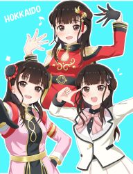 Rule 34 | 1girl, belt, black belt, black gloves, blue background, blunt bangs, blush, bow, bowtie, breasts, brown eyes, brown hair, bun cover, china dress, chinese clothes, cleavage cutout, clothing cutout, commentary request, double bun, dress, epaulettes, eutopia (love live!), future parade (love live!), gloves, hair bun, hair ornament, hand on own hip, highres, homoto akina (voice actor), jacket, katanashi (ktnsh popu), long hair, long sleeves, looking at viewer, love live!, love live! nijigasaki high school idol club, medium breasts, multiple views, open mouth, outline, pink bow, pink bowtie, pink jacket, queendom (love live!), red dress, sidelocks, single glove, skirt, tassel, tassel hair ornament, upper body, voice actor, white jacket, white outline, white skirt, zhong lanzhu