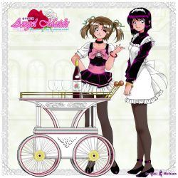 Rule 34 | 2girls, ;), alcohol, apron, artist name, bangle, black footwear, black legwear, bottle, bow, bracelet, brown hair, cart, choker, cup, drinking glass, earrings, grin, hair ribbon, hand on own hip, high heels, jewelry, lace background, logo, long sleeves, looking at viewer, maid, maid apron, maid headdress, maki michaux, miniskirt, multiple girls, one eye closed, original, own hands together, pantyhose, pink bow, purple hair, ribbon, sash, shoes, short sleeves, skirt, smile, standing, twintails, v arms, white skirt, wine, wine bottle, wine glass, wink