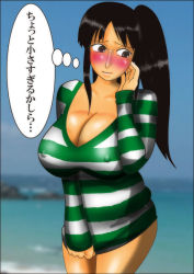 Rule 34 | 1girl, beach, black hair, blush, breasts, brown eyes, cleavage, covered erect nipples, dress, dress tug, female focus, glasses, hand up, huge breasts, long sleeves, looking away, nico robin, one piece, one piece: strong world, outdoors, ponytail, short dress, solo, speech bubble, striped clothes, striped dress, striped sweater, sweater, sweater dress, translation request