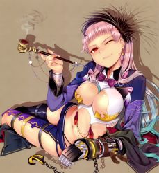 Rule 34 | 1girl, asymmetrical clothes, blue hair, blunt bangs, bow, bowtie, bracelet, breasts, cleavage, earrings, hair ornament, highres, jewelry, kiseru, lips, long hair, lying, mikazuki akira!, multicolored hair, nail polish, navel, on side, one eye closed, pink hair, prosthesis, prosthetic arm, red eyes, scan, simple background, smirk, smoking pipe, solo, source request, thigh strap, wink