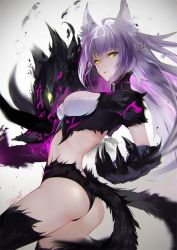Rule 34 | 1girl, agrius metamorphosis, ahoge, animal ears, artist name, ass, atalanta (fate), atalanta alter (fate), breasts, cat ears, claws, collar, fate/apocrypha, fate (series), green eyes, long hair, looking at viewer, miyuki ruria, open mouth, revealing clothes, sidelocks, silver hair, simple background, solo, tail, tail wagging, twitter username