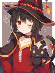 Rule 34 | 10s, 1girl, black hair, blush, brown background, cape, cat, character name, chomusuke, collar, commentary request, dated, dress, fingerless gloves, gloves, hat, kono subarashii sekai ni shukufuku wo!, looking at viewer, megumin, myuton, one eye closed, outside border, red dress, red eyes, short hair, simple background, solo, witch hat