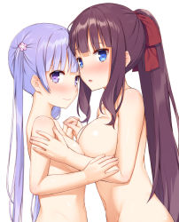 Rule 34 | 2girls, asymmetrical docking, blue eyes, blush, breast press, breasts, flower, from side, hair flower, hair ornament, hair ribbon, hand on another&#039;s arm, highres, holding hands, interlocked fingers, long hair, looking at viewer, medium breasts, mikazuchi zeus, multiple girls, navel, new game!, nude, parted lips, ponytail, purple eyes, purple hair, ribbon, sidelocks, simple background, small breasts, smile, suzukaze aoba, takimoto hifumi, very long hair, white background, yuri
