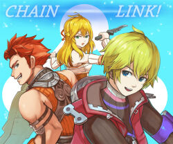 Rule 34 | 1girl, 2boys, :d, back, bare shoulders, black shirt, blonde hair, blue background, blue eyes, brown shirt, brown sleeves, comma03, dagger, dual wielding, fiora (xenoblade), green eyes, holding, holding dagger, holding knife, holding weapon, jacket, knife, long hair, looking at another, looking back, multiple boys, open mouth, orange hair, orange shirt, red jacket, reyn (xenoblade), shirt, short hair, short sleeves, shulk (xenoblade), sleeveless, sleeveless shirt, smile, weapon, xenoblade chronicles (series), xenoblade chronicles 1
