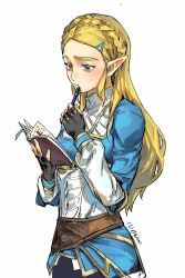 Rule 34 | 1girl, artist name, black gloves, blonde hair, blue shirt, book, braid, cowboy shot, fingerless gloves, gloves, green eyes, hand grab, hand up, highres, holding, holding book, iuew, long hair, nintendo, open book, pointy ears, princess zelda, reading, shirt, simple background, solo, the legend of zelda, the legend of zelda: breath of the wild, white background, white shirt