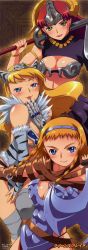 Rule 34 | 00s, 3girls, :3, absurdres, armor, belt, bikini armor, blonde hair, blue eyes, captain of the royal guard elina, claudette (queen&#039;s blade), claudette (queen's blade), claudette lord of thundercloud, earrings, elina (queen&#039;s blade), elina (queen's blade), exiled warrior leina, green eyes, highres, hisayuki hirokazu, jewelry, leina (queen&#039;s blade), leina (queen's blade), long image, multiple girls, naughty face, official art, queen&#039;s blade, red hair, revealing clothes, siblings, sisters, tall image, wide hips