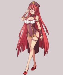Rule 34 | 1girl, alternate costume, bad id, bad pixiv id, bare shoulders, bespectacled, blush, braid, breasts, bridal garter, cleavage, cleavage cutout, clothing cutout, crossed legs, derivative work, full body, glasses, hat, high heels, highres, hong meiling, large breasts, long hair, red eyes, red hair, ribbon, simple background, smile, solo, star (symbol), touhou, twin braids, very long hair, watson cross, wengcang hefeng
