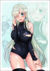 Rule 34 | 10s, 1girl, aqua background, aqua eyes, bad id, bad pixiv id, black thighhighs, blue gemstone, blush, breast suppress, covered collarbone, cowboy shot, detached sleeves, earrings, elizabeth liones, embarrassed, flower, gem, hair over one eye, halterneck, hand on own thigh, hand on thigh, impossible clothes, jewelry, leaning forward, leotard, long hair, melsocoon, nanatsu no taizai, navel, open mouth, outside border, shiny skin, silver hair, skin tight, solo, standing, thighhighs, thighs, torn clothes, torn leotard, torn sleeves, very long hair, wide hips, zoom layer
