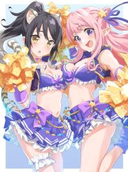 Rule 34 | 2girls, animal ears, breasts, elf, hatsune (princess connect!), highres, large breasts, looking at viewer, multiple girls, open mouth, pink hair, pointy ears, princess connect!, purple eyes, shiori (princess connect!), skirt, small breasts, swimsuit, tail, yansun, yellow eyes