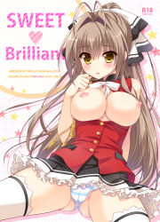 Rule 34 | 10s, 1girl, amagi brilliant park, ameto yuki, antenna hair, bad id, bad pixiv id, bare shoulders, blush, breasts, brown eyes, brown hair, cameltoe, hair intakes, large breasts, long hair, looking at viewer, nipples, no bra, open clothes, panties, ponytail, sento isuzu, skirt, solo, spread legs, striped clothes, striped panties, thighhighs, underwear, yellow eyes