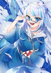 Rule 34 | 1girl, :d, adjusting eyewear, bespectacled, blue eyes, blue hair, blue hoodie, blue nails, blunt bangs, fingernails, fins, fish tail, gawr gura, gawr gura (1st costume), glasses, grey hair, hair ornament, highres, hololive, hololive english, hood, hood down, hoodie, long hair, long sleeves, looking at viewer, multicolored hair, nail polish, open mouth, semi-rimless eyewear, shark girl, shark hair ornament, shark tail, sharp teeth, sleeves past fingers, sleeves past wrists, smile, solo, streaked hair, tail, teardrop-framed glasses, teeth, two side up, uohara shinji, virtual youtuber, wide sleeves