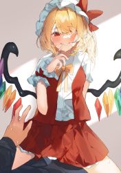 Rule 34 | 1boy, 1girl, arm support, arm up, blonde hair, blush, bow, commentary request, cowgirl position, crystal, eyelashes, fang, flandre scarlet, girl on top, grin, hat, higa (gominami), highres, miniskirt, mob cap, nervous sweating, one side up, open mouth, pleated skirt, pointy ears, rainbow order, red eyes, red skirt, red vest, shirt, short hair, sidelocks, skirt, smile, straddling, sweat, sweatdrop, teeth, touhou, vest, white shirt, wings, wrist cuffs, yellow bow