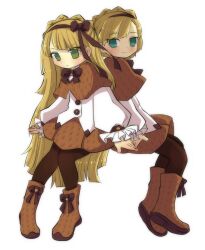Rule 34 | 1boy, 1girl, aqua eyes, blonde hair, boots, braid, brown capelet, brown footwear, brown hairband, brown pantyhose, brown ribbon, brown skirt, buttons, capelet, closed mouth, commentary request, crown braid, footwear ribbon, frilled sleeves, frills, full body, green eyes, hair ribbon, hairband, highres, invisible chair, kulenoa, lobotomy corporation, long hair, long sleeves, matching outfits, miniskirt, neck ribbon, pantyhose, pleated skirt, project moon, ribbon, shirt, simple background, sitting, skirt, smile, tiphereth a (project moon), tiphereth b (project moon), very long hair, white background, white shirt