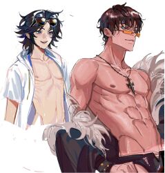 2boys :d abs belial_(granblue_fantasy) belial_(summer)_(granblue_fantasy) black_hair blue_eyes blush brown_hair commentary cowboy_shot english_commentary eyewear_on_head fur-trimmed_jacket fur_trim granblue_fantasy hair_between_eyes hood hood_down jacket jewelry lancelot_(granblue_fantasy) male_focus male_swimwear messy_hair multiple_boys multiple_views muscular necklace ngop nipples official_alternate_costume open_clothes open_jacket open_mouth parted_bangs pectorals red_eyes short_hair single_off_shoulder smile sunglasses swim_briefs swimsuit tan upper_body white_background white_jacket