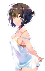 Rule 34 | 1girl, ahoge, arms behind back, black hair, blush, bra, breasts, camisole, cleavage, collarbone, folded ponytail, highres, idolmaster, idolmaster cinderella girls, inoue sora, looking at viewer, medium breasts, own hands together, simple background, smile, solo, takafuji kako, underwear, white background, white camisole, yellow bra