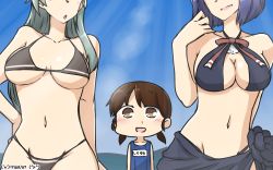 Rule 34 | 3girls, :d, arms behind back, bikini, black bikini, blood, blue sky, blush, breast awe, breasts, brown eyes, brown hair, commentary, dated, day, drooling, green hair, halterneck, hamu koutarou, hand on own hip, highres, kantai collection, large breasts, long hair, low twintails, multiple girls, name tag, navel, nosebleed, one-piece swimsuit, open mouth, out of frame, purple hair, saliva, sarong, school swimsuit, shirayuki (kancolle), short twintails, sky, smile, sparkling eyes, suzuya (kancolle), swimsuit, tatsuta (kancolle), twintails, underboob
