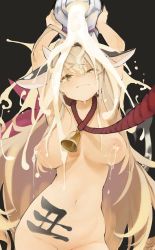 Rule 34 | 1girl, ahoge, amunero (kyouka jinrui amunero), animal ears, bell, black background, blonde hair, blush, body writing, breasts, breasts apart, closed mouth, completely nude, cow ears, frown, highres, hyocorou, kyouka jinrui amunero, lactation, large breasts, leash, long hair, milk, nipples, nude, original, pouring, pouring onto self, simple background, solo, translation request, very long hair, viewer holding leash, yellow eyes