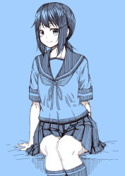 Rule 34 | 10s, 1girl, arms behind back, bed, blue background, blue theme, closed mouth, fubuki (kancolle), kantai collection, kouji (campus life), legs together, looking at viewer, low ponytail, monochrome, on bed, pleated skirt, ponytail, school uniform, serafuku, short hair, short ponytail, short sleeves, sitting, sketch, skirt, smile, socks, solo