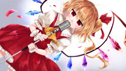 Rule 34 | 1girl, absurdres, blonde hair, breasts, collared shirt, covering own mouth, cowboy shot, crystal, dutch angle, flandre scarlet, frilled shirt collar, frilled skirt, frilled sleeves, frills, highres, holding, holding microphone stand, kuromame1025, looking at viewer, medium hair, microphone, microphone stand, multicolored wings, no headwear, one side up, puffy short sleeves, puffy sleeves, red eyes, red ribbon, red skirt, red vest, ribbon, shirt, short sleeves, simple background, skirt, skirt set, sleeve ribbon, small breasts, solo, touhou, vest, white background, white shirt, wings, wrist cuffs