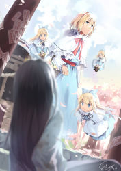 Rule 34 | 2girls, absurdres, alice margatroid, apron, bad id, bad pixiv id, black hair, blonde hair, blue dress, blue eyes, blurry, bow, capelet, carrying, cherry blossoms, cloud, curious, dated, day, depth of field, dress, etm (ahong), expressionless, flower basket, flying, hair bow, hairband, hakurei shrine, highres, japanese clothes, kimono, long hair, long sleeves, looking at another, looking down, multiple girls, perspective, petals, ribbon, shanghai doll, signature, sunlight, talismans, touhou, tree, waist apron, well