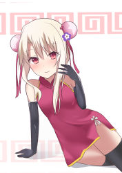 Rule 34 | 1girl, absurdres, arm support, black gloves, black thighhighs, blush, bun cover, china dress, chinese clothes, closed mouth, commentary request, double bun, dress, elbow gloves, fate/kaleid liner prisma illya, fate (series), gloves, hair between eyes, hair bun, highres, illyasviel von einzbern, light brown hair, long hair, looking at viewer, natsu (sinker8c), purple dress, red eyes, sidelocks, sleeveless, sleeveless dress, solo, thighhighs