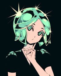 1other androgynous black_background black_shirt closed_mouth colored_eyelashes commentary eyelashes green_eyes green_hair green_nails houseki_no_kuni index_finger_raised looking_at_viewer moshimoshibe other_focus phosphophyllite shirt simple_background