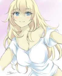 Rule 34 | 1girl, alternate costume, atago (kancolle), blonde hair, blue eyes, breasts, commentary request, gakky, kantai collection, large breasts, long hair, looking at viewer, one-hour drawing challenge, shirt, solo, t-shirt, upper body, white shirt