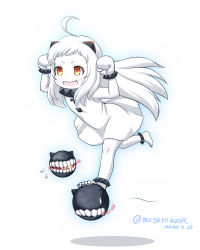 Rule 34 | 1girl, 2others, abyssal ship, ahoge, barefoot, colored skin, dated, dress, enemy aircraft (kancolle), fang, full body, horns, kantai collection, long hair, masara (chuujou), mittens, multiple others, northern ocean princess, one-hour drawing challenge, open mouth, red eyes, simple background, skin fang, sleeveless, sleeveless dress, standing, standing on one leg, twitter username, white background, white dress, white hair, white mittens, white skin