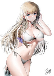 Rule 34 | 1girl, bare arms, bare shoulders, bikini, blonde hair, blue eyes, breasts, cleavage, collarbone, cowboy shot, front-tie bikini top, front-tie top, hair ribbon, halterneck, halterneck, hand up, haori io, highres, holding, large breasts, long hair, looking at viewer, navel, original, ribbon, sandals, side-tie bikini bottom, signature, simple background, solo, stomach, string bikini, swimsuit, thighs, white background, white bikini