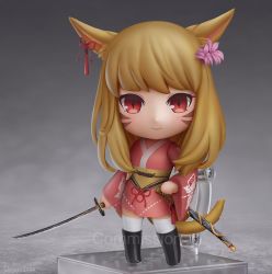 Rule 34 | 1girl, animal ears, black thighhighs, blush, boots, borrowed character, brown hair, chibi, closed mouth, commission, diamond-shaped pupils, diamond (shape), facial mark, full body, highres, holding, holding sword, holding weapon, knee boots, long hair, looking at viewer, nendoroid, original, red eyes, shiori2525, smile, solo, sword, symbol-shaped pupils, tail, thighhighs, weapon, white thighhighs