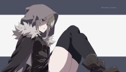 Rule 34 | 1girl, absurdres, ahoge, ankle boots, black cape, black skirt, black sweater, black thighhighs, blonde hair, boots, breasts, brown footwear, cape, chili-tomato (gekikaraya), commentary request, fate (series), from side, fur-trimmed cape, fur trim, gray (fate), green eyes, grey background, hair between eyes, highres, hood, hood up, long sleeves, looking at viewer, lord el-melloi ii case files, medium breasts, plaid, plaid skirt, short hair, sitting, skirt, solo, sweater, thighhighs, twitter username, two-tone background, white background