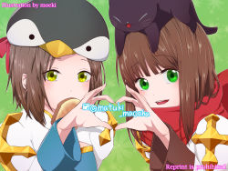 Rule 34 | 2girls, animal, animal on head, arch bishop (ragnarok online), black cat, blue dress, blunt bangs, blush, brown hair, cat, cat on head, cleavage cutout, clothing cutout, commentary request, cross, dress, enpera, green background, green eyes, hat, heart, heart hands, heart hands duo, highres, juliet sleeves, long hair, long sleeves, looking at viewer, multiple girls, on head, open mouth, penguin hat, puffy sleeves, ragnarok online, red scarf, scarf, short hair, smile, twitter username, two-tone dress, upper body, warabi ne, white dress