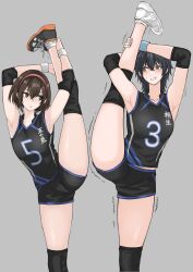 Rule 34 | 2girls, :c, absurdres, armpits, arms up, black eyes, black footwear, black hair, black shirt, black shorts, breasts, brown eyes, brown hair, collarbone, crossed bangs, elbow sleeve, feet out of frame, fuku (fuku12290574), hair between eyes, hairband, height difference, highres, jersey, large breasts, leg up, looking at another, medium hair, multiple girls, open mouth, original, raised eyebrows, red hairband, shirt, shoes, short hair, shorts, side-by-side, sidelocks, sleeveless, sleeveless shirt, sneakers, split, sportswear, standing, standing on one leg, standing split, stretching, sweatdrop, teeth, thick thighs, thighs, trembling, volleyball uniform, white footwear, wristband