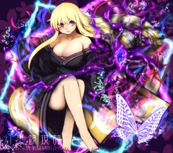 Rule 34 | 1girl, alternate costume, alternate eye color, bare shoulders, barefoot, black kimono, blonde hair, breasts, bug, butterfly, cleavage, clenched teeth, collarbone, crossed legs, energy, facial mark, floating, floating hair, floral background, floral print, flower, hair between eyes, hair ribbon, hand up, insect, japanese clothes, kimono, kimono pull, large breasts, legs, lipstick, long hair, long sleeves, looking at viewer, makeup, moni (credo), nail polish, no headwear, open hand, outstretched arm, petals, pink eyes, pink lips, purple eyes, red nails, ribbon, sarashi, shiny skin, sitting, smile, solo, spell card, teeth, thighs, toenail polish, toenails, touhou, very long hair, wide sleeves, yakumo yukari, yellow kimono