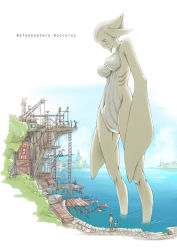 Rule 34 | 2girls, 3boys, bad id, bad pixiv id, blue eyes, blue whale, blush, breasts, cliff, crane (machine), dock, fins, flag, giant, giantess, gills, head fins, horizon, ladder, large breasts, monster girl, multiple boys, multiple girls, navel, no nipples, no pussy, nucomas, nude, ocean, partially submerged, perky breasts, personification, ripples, scenery, short hair, size difference, solo focus, tower, wading, water, whale