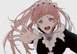 Rule 34 | 1girl, blue eyes, crying, crying with eyes open, felicia (fire emblem), fire emblem, fire emblem fates, gem, grey background, long hair, long sleeves, maid, maid headdress, nintendo, open mouth, pink hair, ponytail, simple background, solo, te na f5, tears, twitter username, upper body