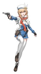 Rule 34 | 1girl, absurdres, aiming, beret, black gloves, black neckerchief, blonde hair, blue jumpsuit, boots, breasts, brown footwear, cheogtanbyeong, finger on trigger, fingerless gloves, full body, gas-seal revolver, girls&#039; frontline, girls&#039; frontline 2: exilium, gloves, gun, hand up, handgun, hat, hat feather, headphones, highres, jumpsuit, leg up, long sleeves, medium hair, nagant m1895, nagant revolver (girls&#039; frontline), neckerchief, open mouth, pouch, red eyes, red scarf, revolver, scarf, short jumpsuit, sidelocks, small breasts, solo, star (symbol), stuffed toy, thighhighs, two-tone jumpsuit, weapon, white hat, white thighhighs