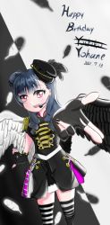 Rule 34 | 1girl, artist name, artist request, asymmetrical wings, band uniform, belt, black feathers, black gloves, black hat, black legwear, black nail polish, black nails, black shirt, black skirt, black wings, blue hair, blush, braid, breasts, collared shirt, epaulettes, feathers, female focus, fingerless gloves, frilled sleeves, frills, gloves, hair bun, hair over shoulder, hat, headphones, in the unstabe world, in the unstabe world (love live!), long hair, looking at viewer, love live!, love live! school idol festival, love live! sunshine!!, microphone, mini hat, miniskirt, mismatched wings, nail, nail polish, parted lips, pink eyes, plaid, plaid skirt, pleated, pleated skirt, purple eyes, purple skirt, shirt, short sleeves, shoulder pads, single hair bun, skirt, small breasts, smile, solo, striped legwear, tsushima yoshiko, twin braids, white belt, white feathers, white legwear, white wings, wings