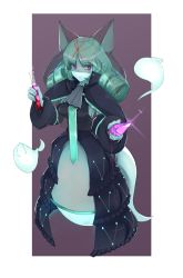 Rule 34 | 1girl, black dress, breasts, crystal, dress, full body, ghost, green hair, highres, holding, holding test tube, looking to the side, medium breasts, medium hair, monster girl, nanostar, original, parted bangs, pointy ears, purple eyes, smile, solo, test tube, veil
