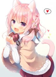 Rule 34 | 1girl, :d, animal ears, black legwear, blush, box, braid, candy, cat ears, cat girl, cat tail, chocolate, chocolate heart, commentary request, female focus, food, gift, hair ribbon, heart, heart-shaped box, holding, holding gift, long hair, looking at viewer, open mouth, original, pink hair, pleated skirt, poncho, purple eyes, ribbon, sazaki ichiri, single braid, skirt, smile, solo, speech bubble, spoken heart, tail, valentine
