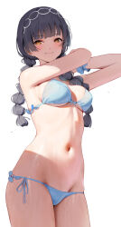 Rule 34 | 1girl, bare arms, bare shoulders, bikini, black hair, blue bikini, blush, braid, breasts, closed mouth, cowboy shot, front-tie bikini top, front-tie top, gin00, hair ornament, highres, idolmaster, idolmaster shiny colors, looking at viewer, mayuzumi fuyuko, medium breasts, medium hair, navel, side-tie bikini bottom, sideboob, simple background, smile, solo, stomach, swimsuit, twin braids, twintails, underboob, wet, white background, yellow eyes